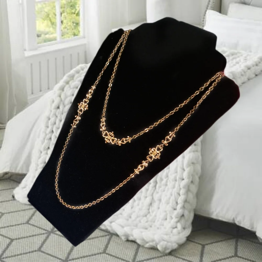 Elegant Extra-Long Gold Tone Necklace with Floral Accents